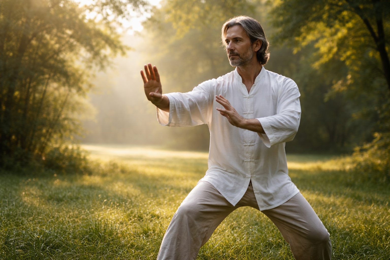 Persoană care exersează mișcări lente tai chi în aer liber, dimineața devreme